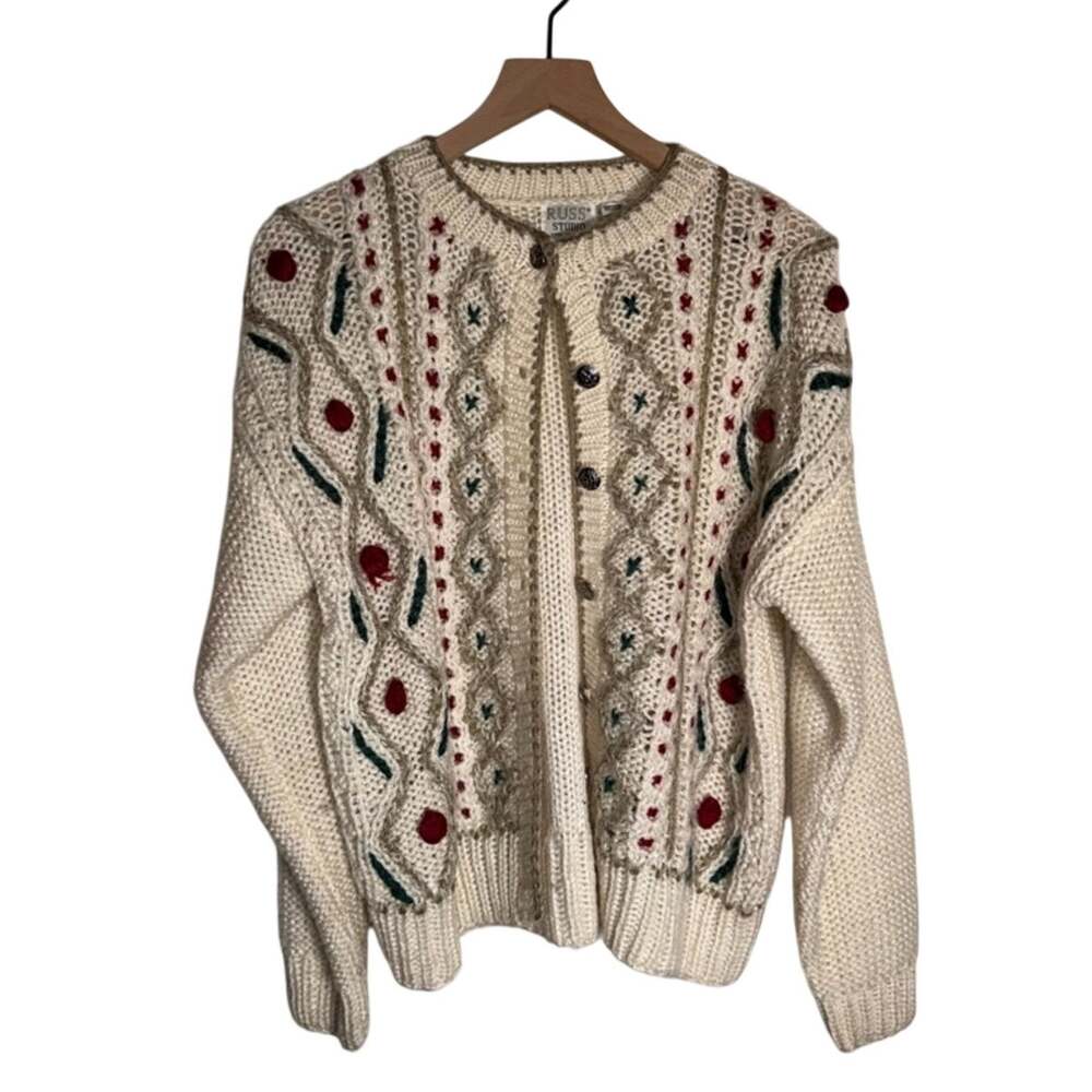 VINTAGE RUSS STUDIO coastal grandma chunky knit cozy button up cardigan S